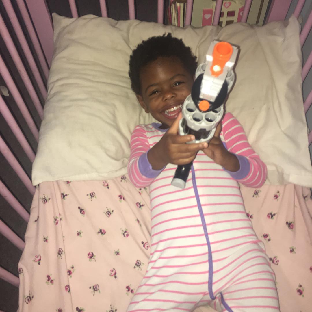 So I asked Wren what she wanted to snuggle for bed. After we ran through all the dolls and bears and other plush animals, she finally settled on the Nerf gun.